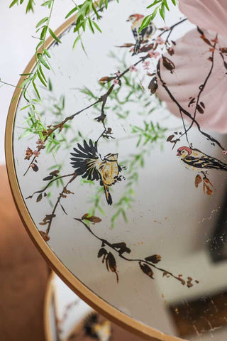 Detail image of the Gold Beautiful Birds Mirror Side Table.