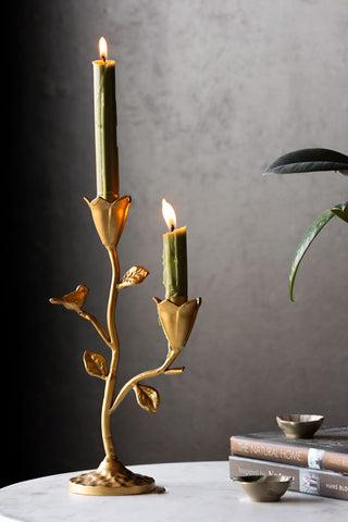Lifestyle image of the Gold Branch & Flower Candle Holder
