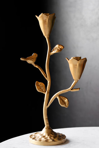 Close-up image of the Gold Branch & Flower Candle Holder