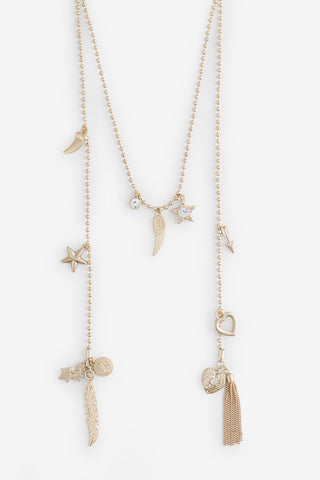 Close-up of the Gold Charm Wraparound Necklace on a white background.
