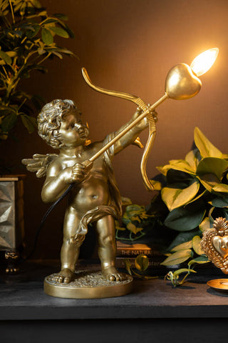 The Gold Cupid Table Lamp switched on and styled with some accessories and plants on a black surface.