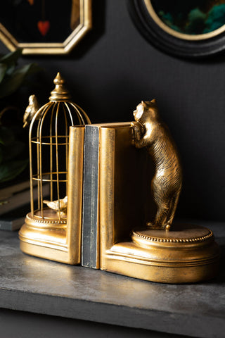 The Gold Curious Cat Bookends styled on a dark surface with a book in between.