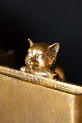 Close-up of the cat on the Gold Curious Cat Bookends.