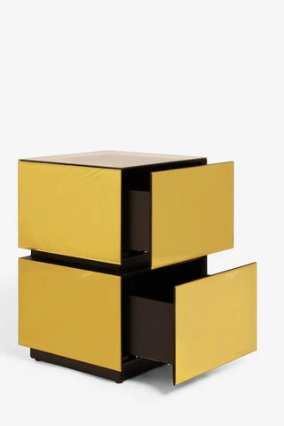 Gold bedside table with both drawers open, seen from an angle on a white background.