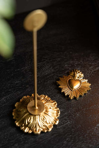 The Gold Milagro Heart Photo Stand shown without a photo. 