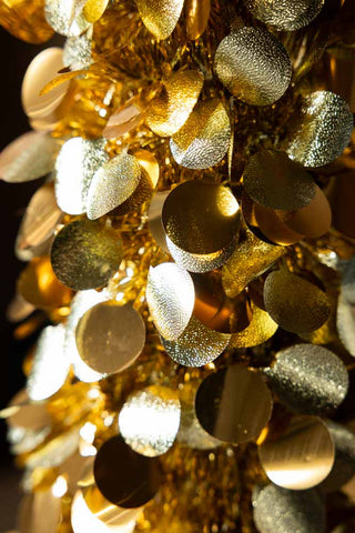 Close up of the gold sequin shapes of the Gold Tinsel Christmas Tree Cone - Large. 