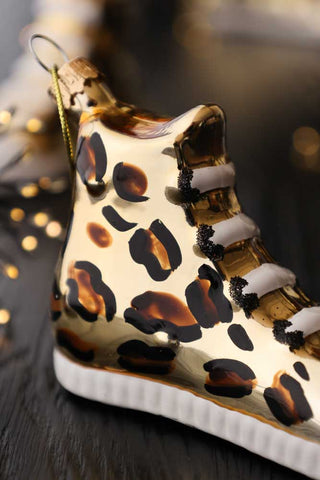Close-up image of the Gold Leopard High Top Trainer Glass Christmas Tree Decoration