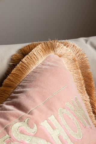 A close-up image of the fringing on the Pink Velvet Double-Fringed Show Must Go On Embroidered Cushion.