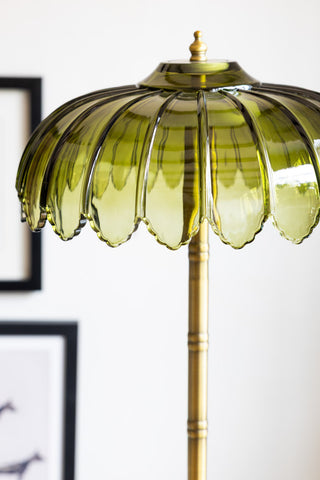 Close-up of the shade of the Gold & Green Desert Palm Floor Lamp.