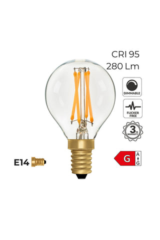Cutout image of the Golf Ball E14 4W Clear LED Light Bulb on a white background with additional information about the product. 