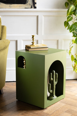 Lifestyle image of the Cactus Green Alcove Wooden Side Table