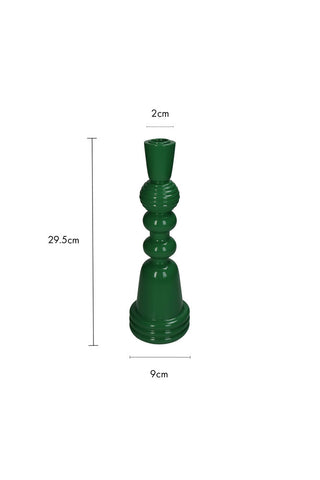 Cutout image of the Emerald Green Candlestick Holder on a white background with dimension details. 