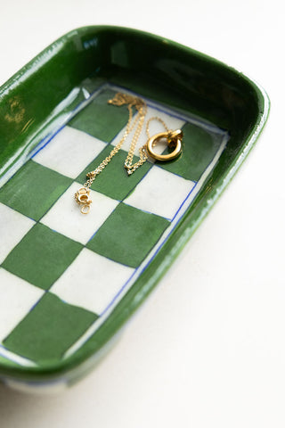 Close-up image of the Green Checkered Ceramic Trinket Dish
