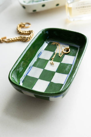 Image of the Green Checkered Ceramic Trinket Dish