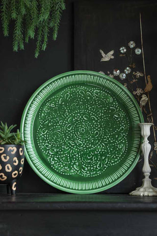 Lifestyle image of the Deep Green Beautiful Enamel Tray
