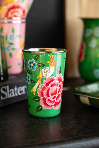 Lifestyle image of the Green Painted Bird Stainless Steel Tumbler