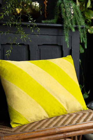 Lifestyle image of the HKliving Yellow & Green Stripe Velvet Cushion
