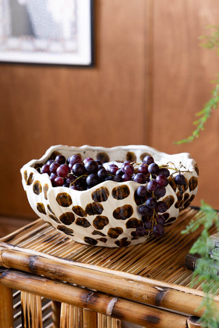 Lifestyle image of the Handcrafted Brown Spotty Fruit Bowl