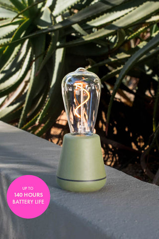 The Humble - Outdoor Cable-Free Mood Lighting in Moss Green displayed outdoors next to a plant.