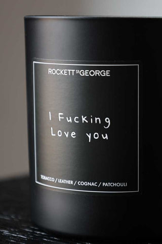 Close-up image of the Rockett St George I Fucking Love You Leather & Tobacco Candle