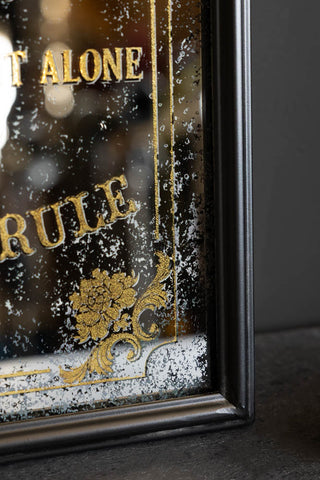 Corner of the Kindred Spirits Decorative Mirror, showing the foxed and antique details on the mirror. 