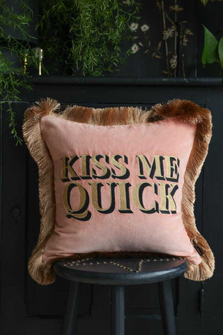 Lifestyle image of the Kiss Me Quick Velvet Fringe Feather Filled Cushion