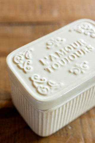 A detail showing the beautiful lid and sides of the L'Amour Toujours Butter Dish. 