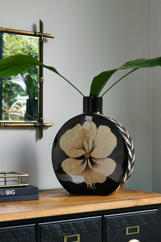 Lifestyle image of the Black Floral Large Vase on a console table