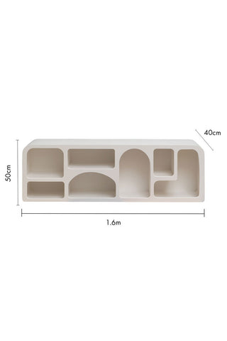 Cutout image of the Large White Alcove Shelf displayed on a white background with dimension details. 