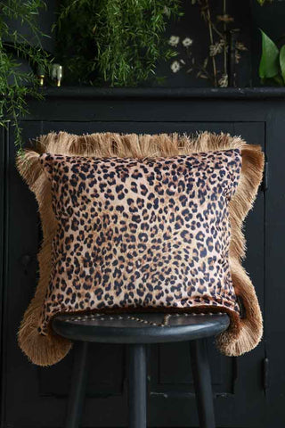 Lifestyle image of the Leopard Love Velvet Fringe Feather Filled Cushion