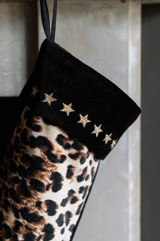 Close-up image of the Leopard Love Embroidered Star Christmas Stocking