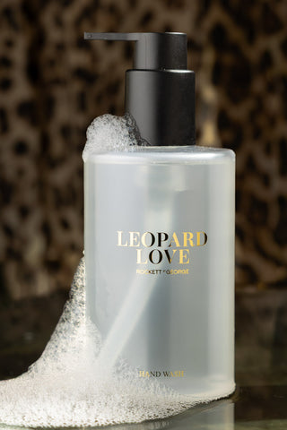 Close-up of the hand wash from the Leopard Love Hand Care Duo Gift Set with bubbles on it.