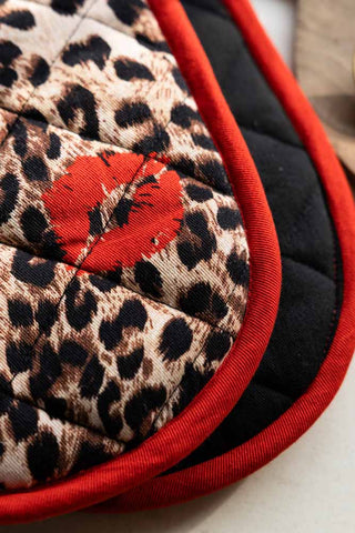 Close-up of the Leopard Love Print & Red Detailing Oven Gloves.