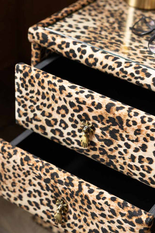 Close-up image of the Signature Leopard Print Velvet Bedside Table