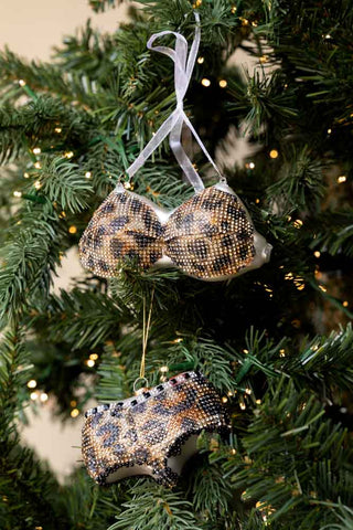 The Leopard Print Bikini Christmas Tree Decorations displayed hanging on a Christmas tree.