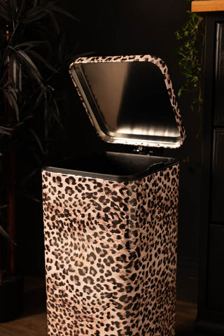 The Fabulous Leopard Print Pedal Bin shown with the lid open. 