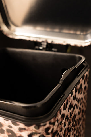 A close up of the fabulous Leopard Print Pedal Bin showing the bin open and the bin inner. 