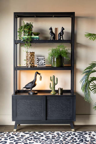 Detail image of the Leopard Print Black Wood Shelving Unit