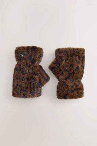 The Leopard Print Faux Fur Handwarmers displayed flat on a white background.