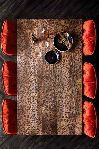 Lifestyle image of the Leopard Print Natural Wood 6 Seater Dining Table