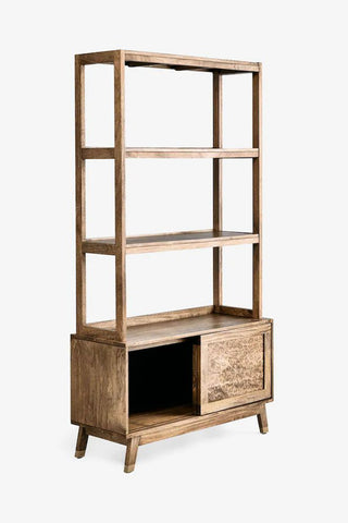 Detail image of the Leopard Print Natural Wood Shelving Unit on a white background