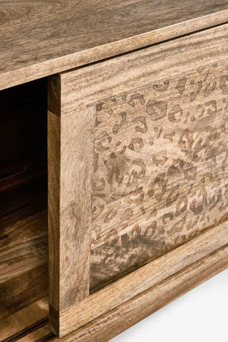 Detail image of the Leopard Print Natural Wood Shelving Unit