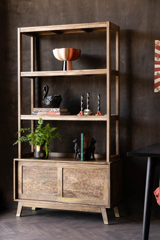 Lifestyle image of the Leopard Print Natural Wood Shelving Unit