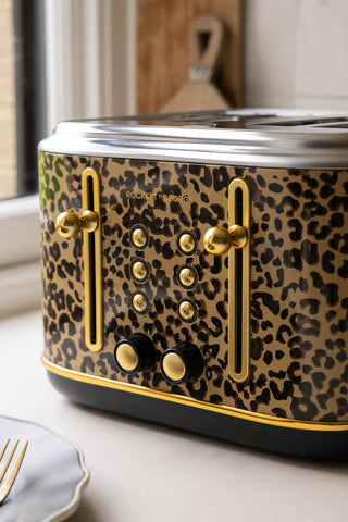 Close-up of the front of the Fabulous Leopard Print 4 Slice Toaster.
