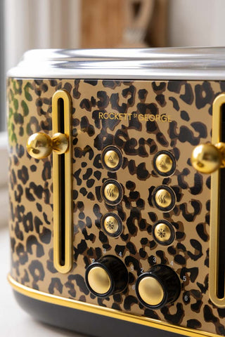 Close-up of the buttons on the Fabulous Leopard Print 4 Slice Toaster.