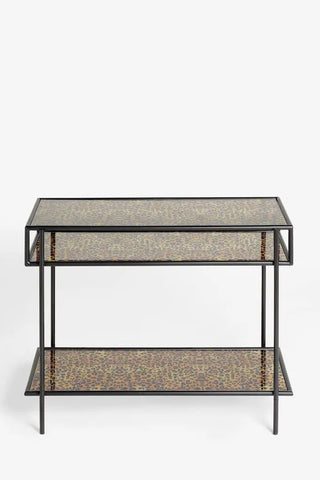 The Leopard Print & Glass Console Table seen from the front, on a white background.