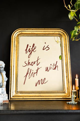 image of Life Is Short, Flirt With Me Mirror, shown against a black background with plants in shot. 
