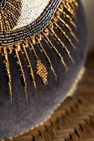 Close up of the embroidery and beaded detailing on the Look Of Love Embroidered Black Velvet Cushion