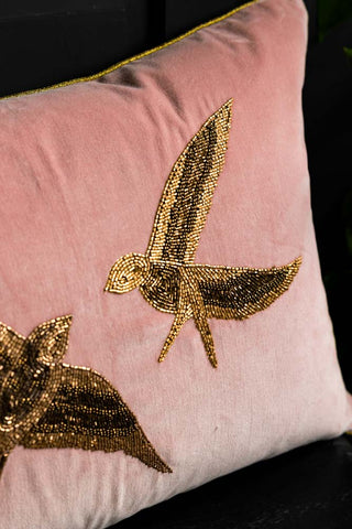 Detail of the beading on the Love Birds Embroidered Pink Velvet Cushion