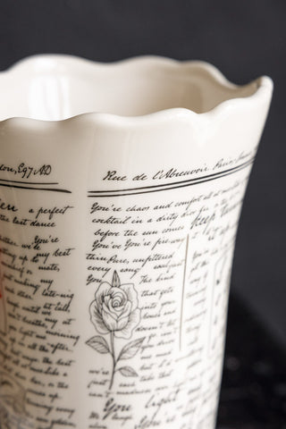 Close up showing the top of the Love Letters Flower Vase. 